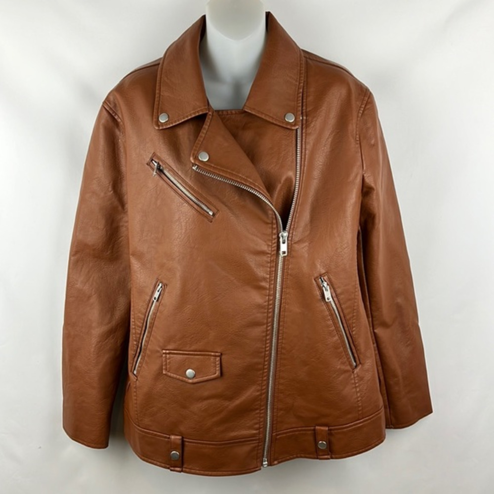 7 For All Mankind Faux Leather Full Zip Brown Biker Jacket Size M - New
